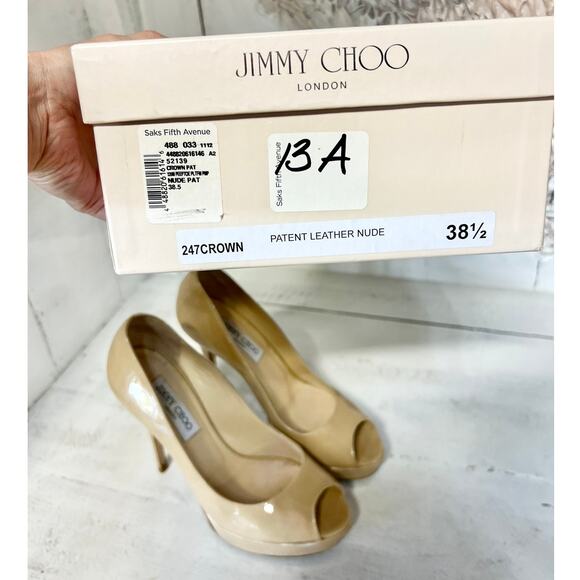 Jimmy Choo Crown Patent Leather Peep Toe Platform Pump Nude Womens Size 38.5 / 8 - Picture 11 of 11
